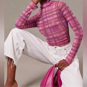 Pilcro by Anthropologie Sheer Pink Plaid Mesh Mock Neck Top Women’s XS